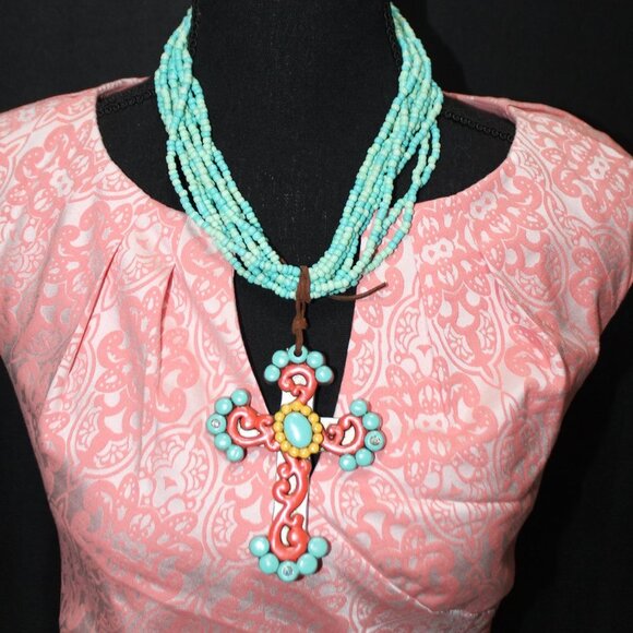 Beautiful Turquoise & Orange Large Cross on Leather Tied to Multi Bead Necklace - Picture 4 of 11